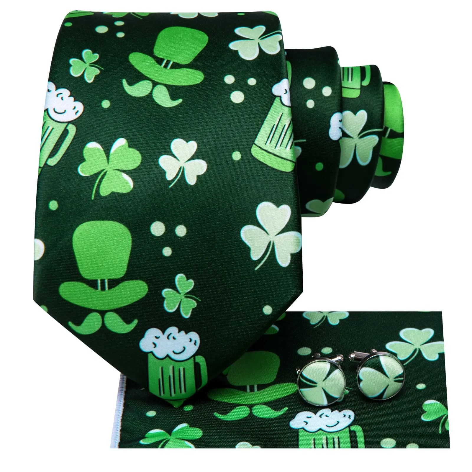 Hi-Tie Green Fun Novelty Pattern Silk Mens Tie Pocket Square Cufflinks Set