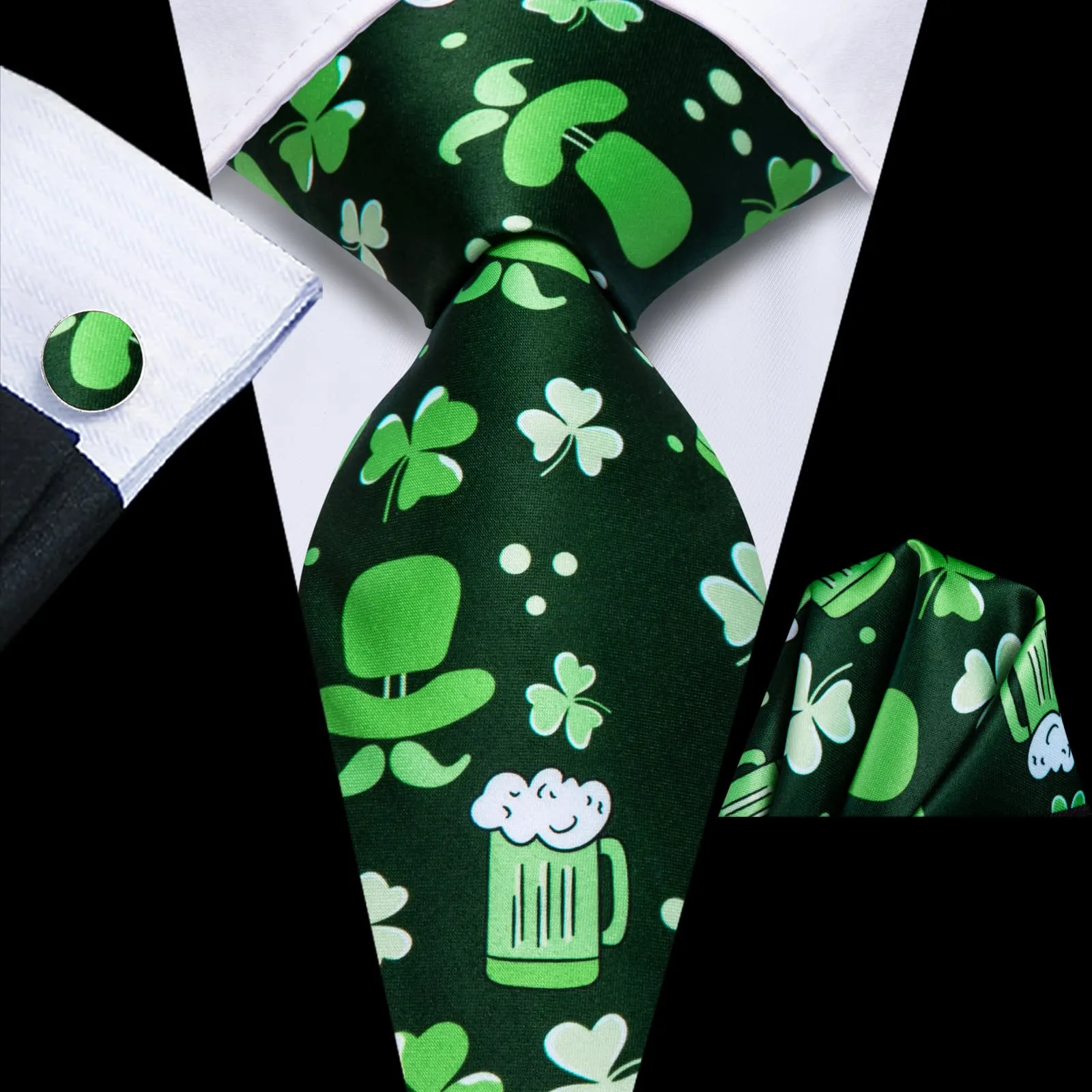 Hi-Tie Green Fun Novelty Pattern Silk Mens Tie Pocket Square Cufflinks Set