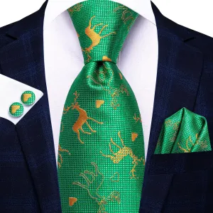 Hi-Tie Green Golden Elk Christmas Necktie Pocket Square Cufflinks Set