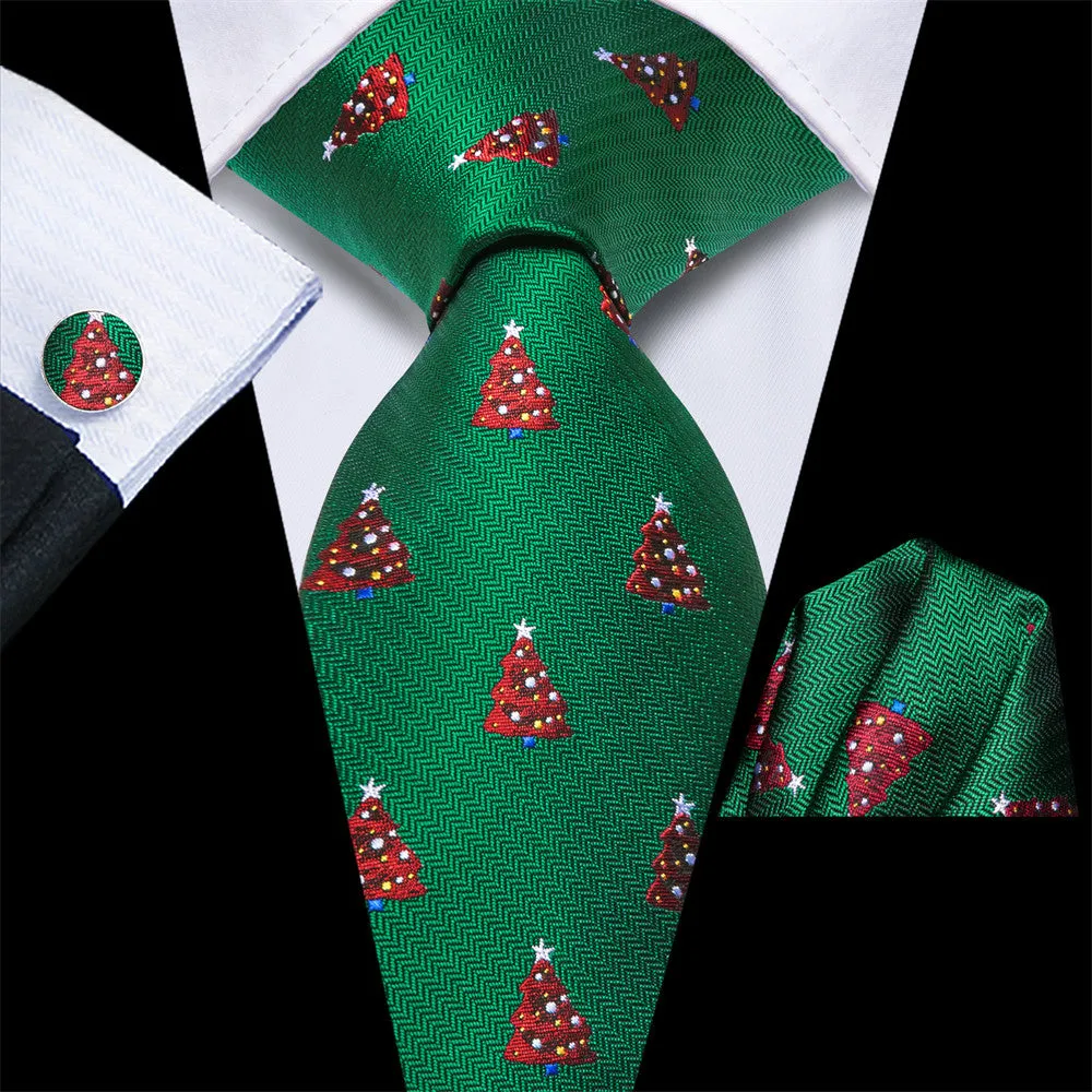 Hi-Tie Green Red Pine Christmas Designer Necktie Set