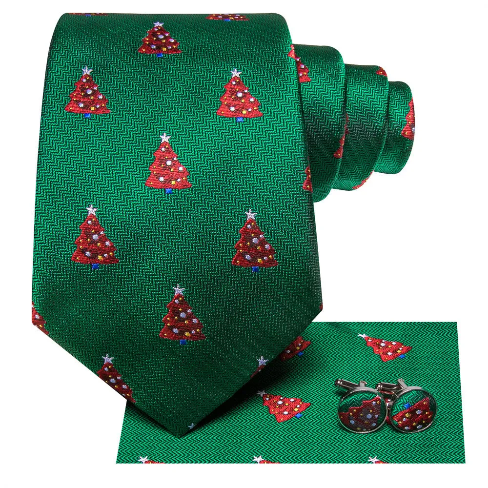 Hi-Tie Green Red Pine Christmas Designer Necktie Set