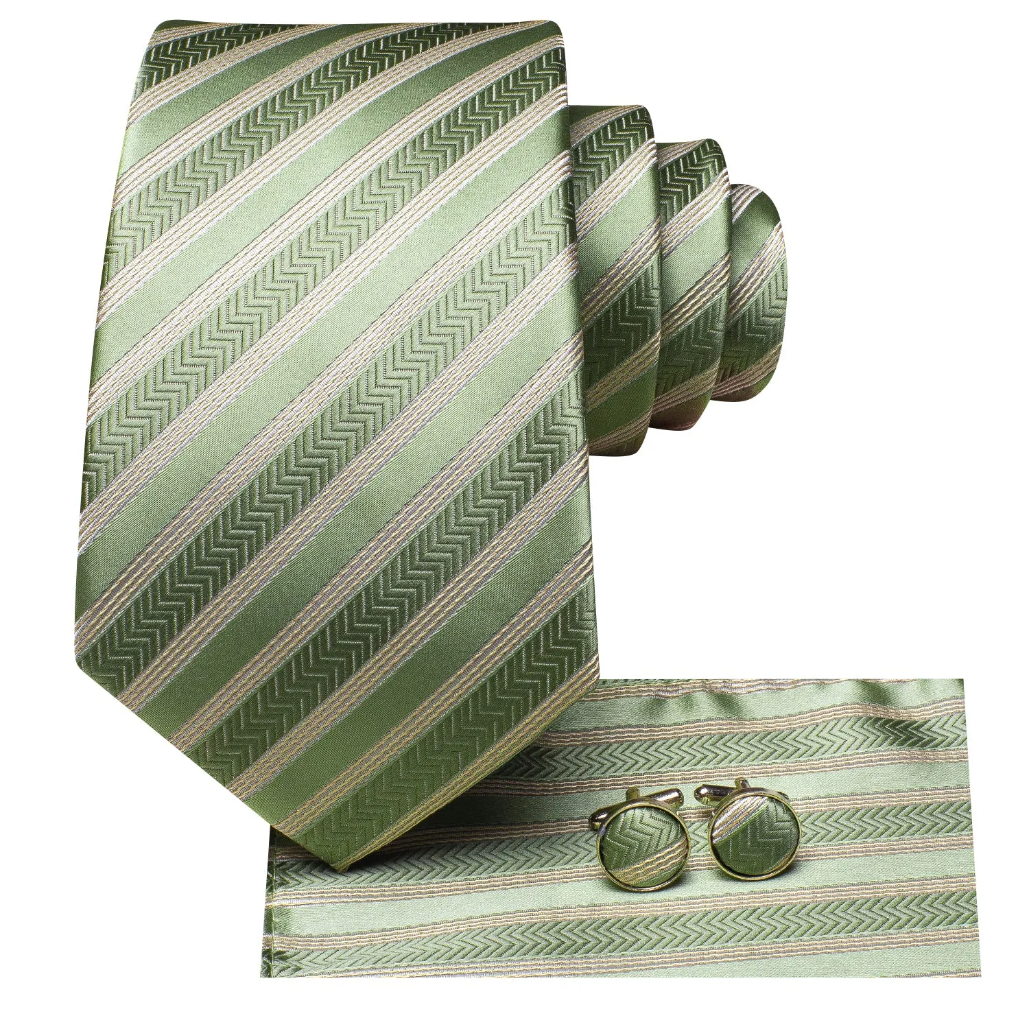 Hi-Tie Green Tie Champagne Strip Silk Tie Pocket Square Cufflinks Set