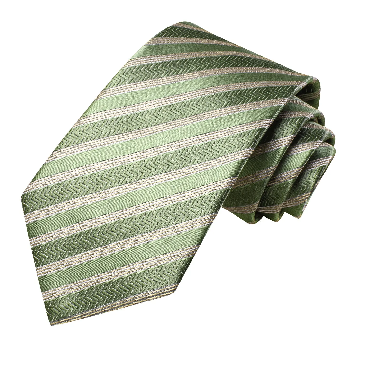 Hi-Tie Green Tie Champagne Strip Silk Tie Pocket Square Cufflinks Set