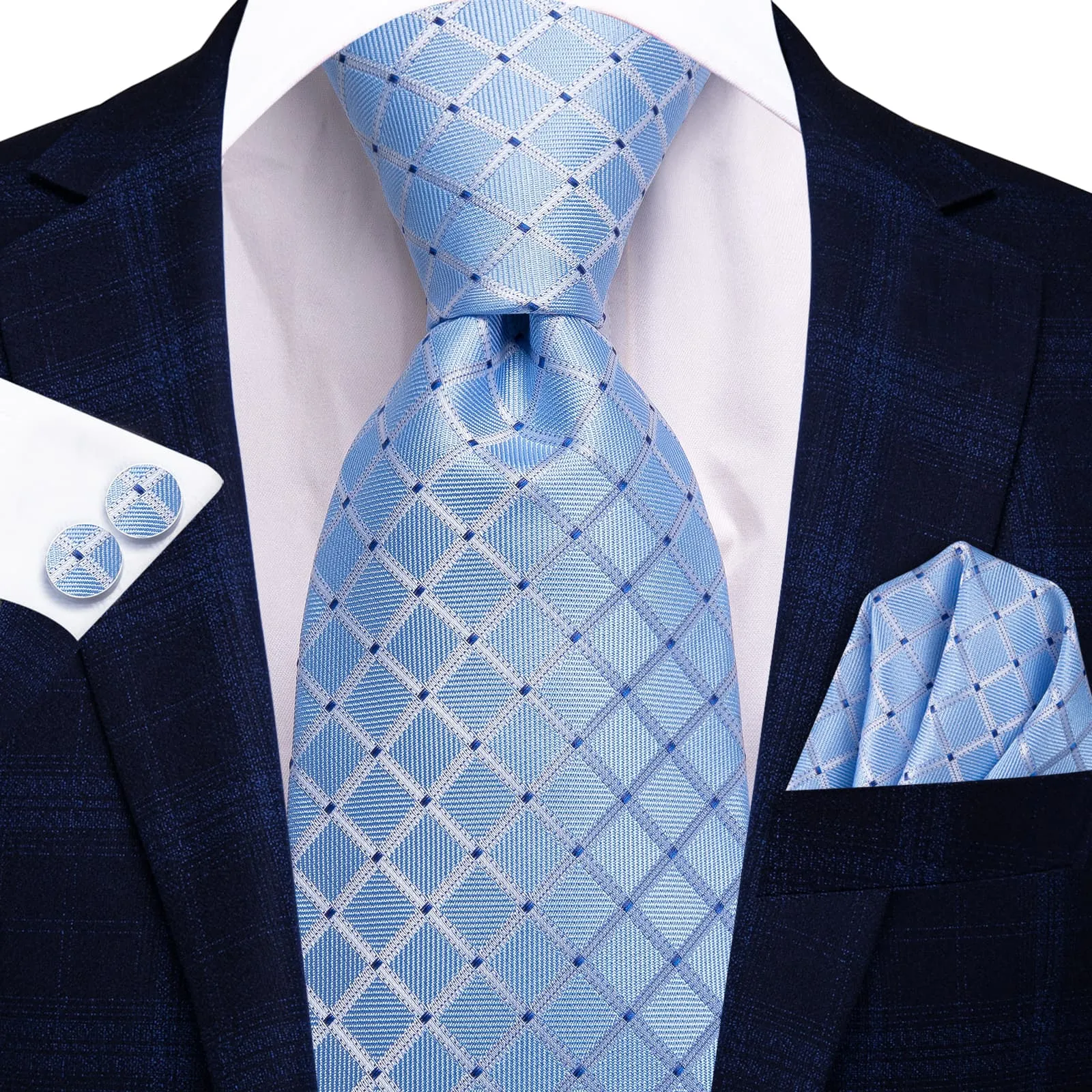 Hi-Tie Light Blue Tie Checkered Blue Dots Necktie Hanky Cufflinks Set