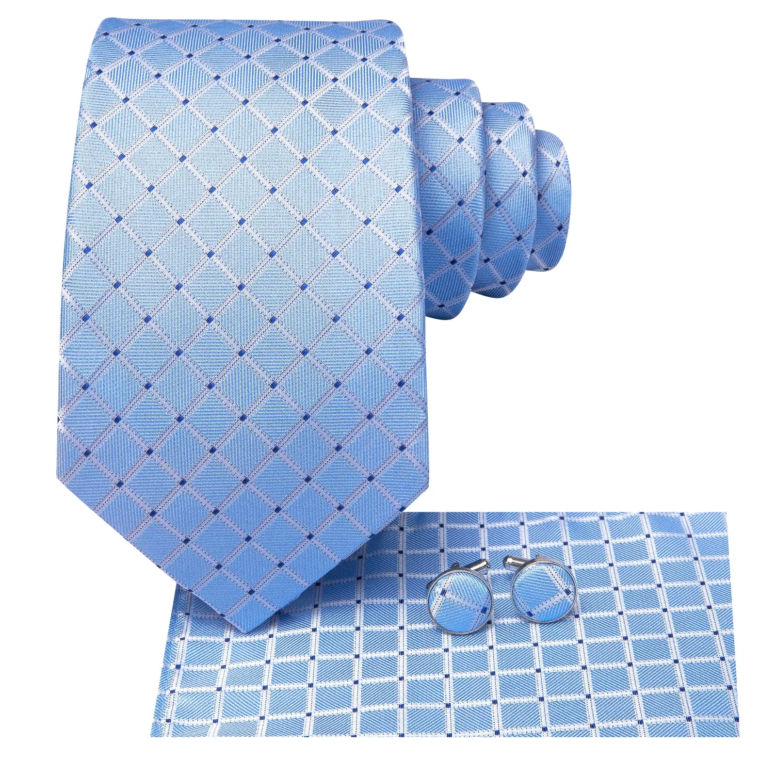 Hi-Tie Light Blue Tie Checkered Blue Dots Necktie Hanky Cufflinks Set