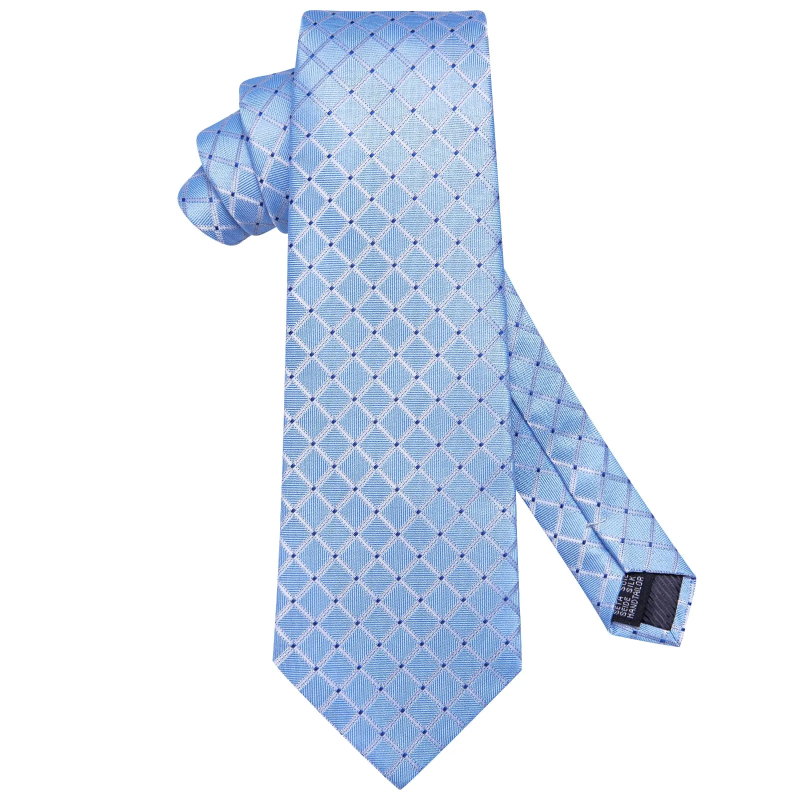 Hi-Tie Light Blue Tie Checkered Blue Dots Necktie Hanky Cufflinks Set