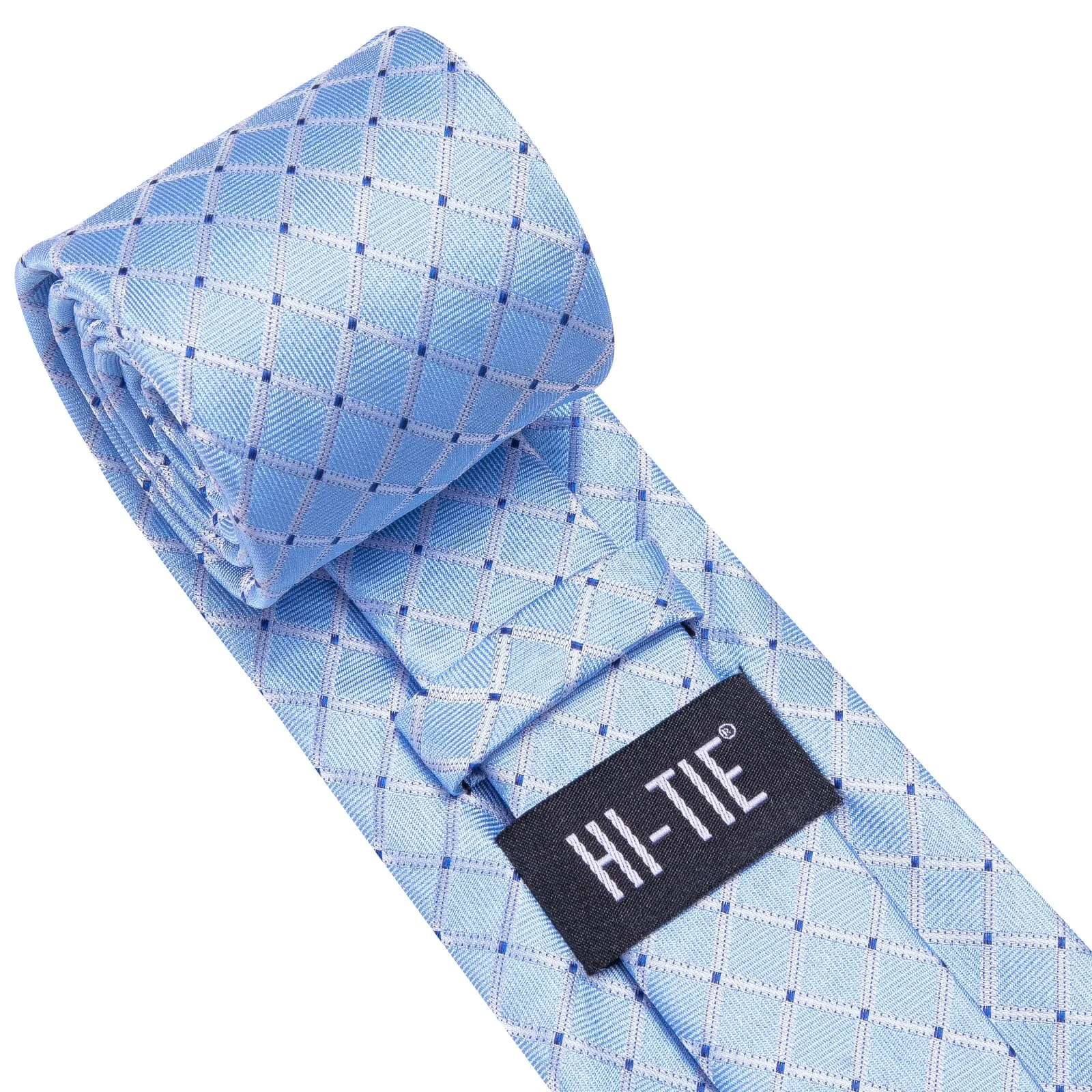 Hi-Tie Light Blue Tie Checkered Blue Dots Necktie Hanky Cufflinks Set