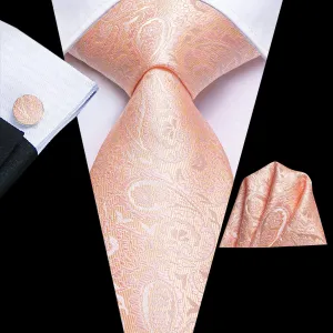 Hi-Tie Light Coral Pink Paisley Silk Men's Necktie Hanky Cufflinks Set