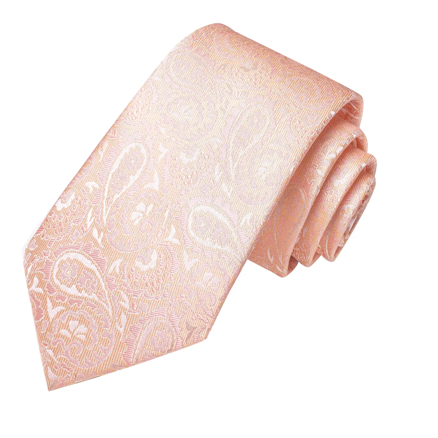 Hi-Tie Light Coral Pink Paisley Silk Men's Necktie Hanky Cufflinks Set