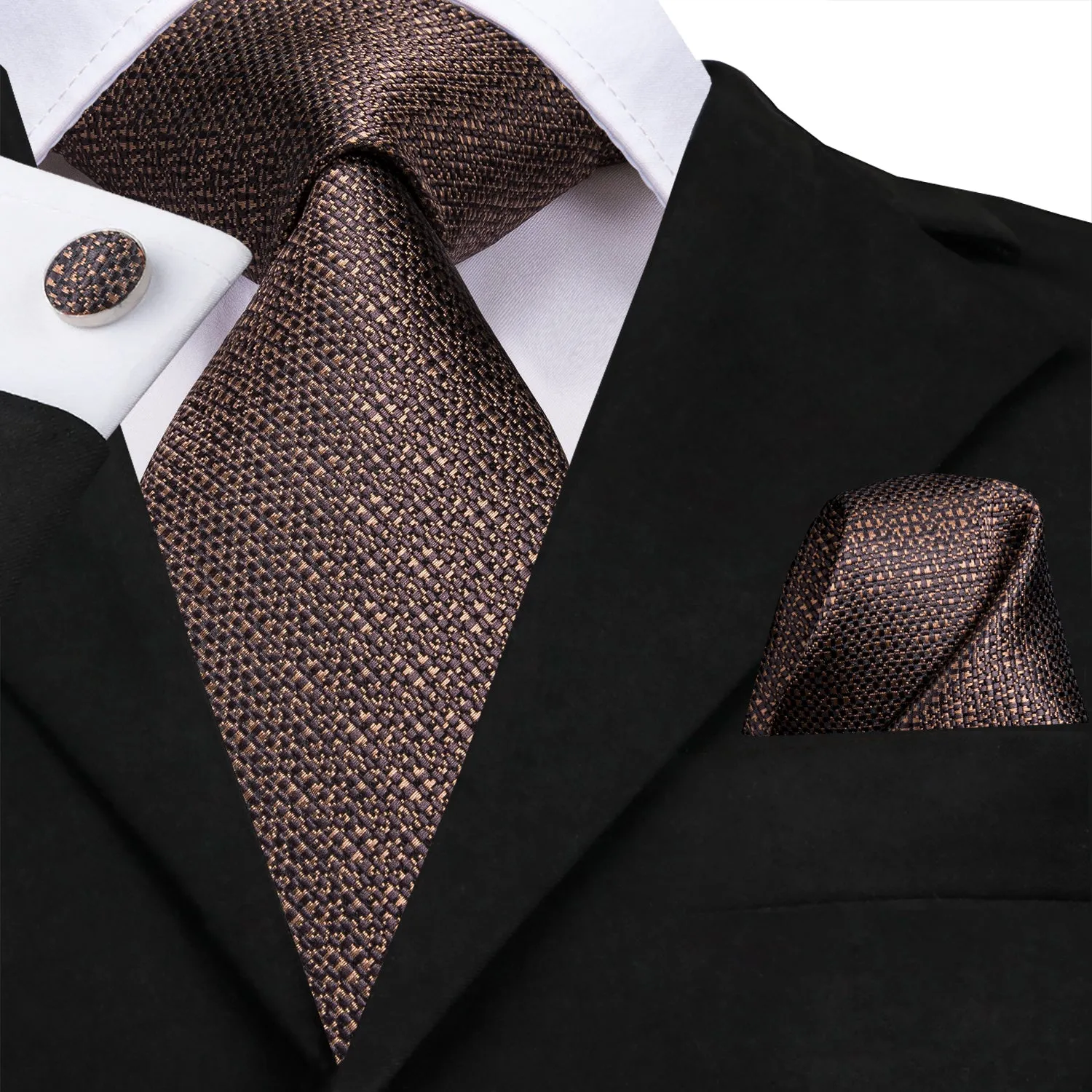 Hi-Tie Men's Dark Brown Necktie Solid Tie Pocket Square Cufflinks Set