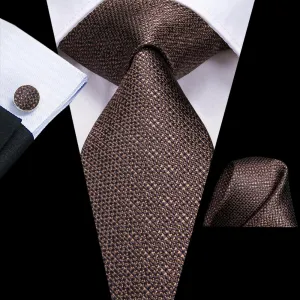 Hi-Tie Men's Dark Brown Necktie Solid Tie Pocket Square Cufflinks Set