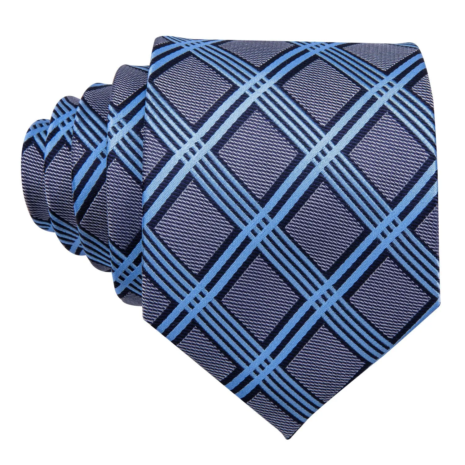 Hi-Tie Mens Grey Blue Plaid Silk Men's Tie Pocket Square Cufflinks Set