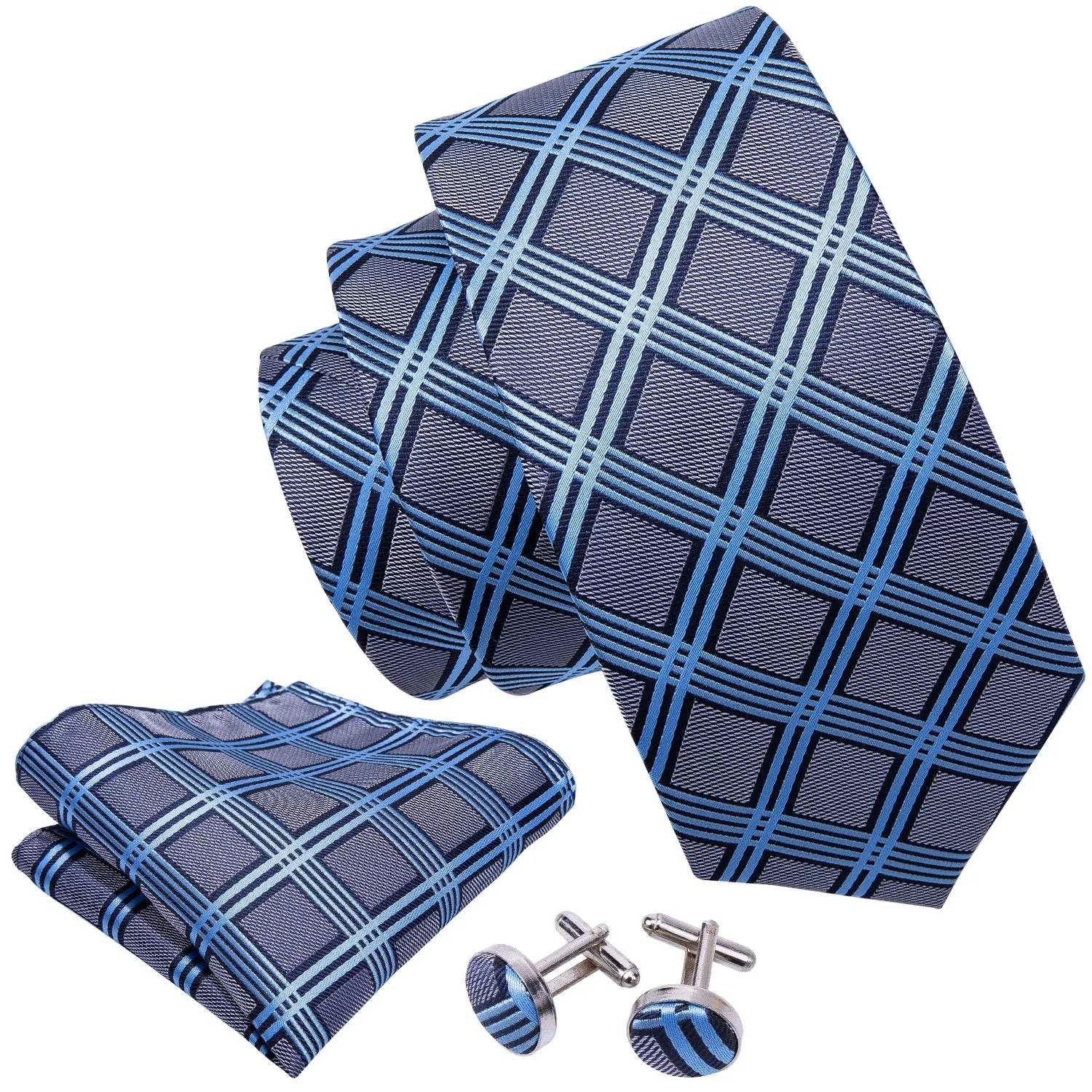 Hi-Tie Mens Grey Blue Plaid Silk Men's Tie Pocket Square Cufflinks Set