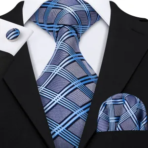 Hi-Tie Mens Grey Blue Plaid Silk Men's Tie Pocket Square Cufflinks Set