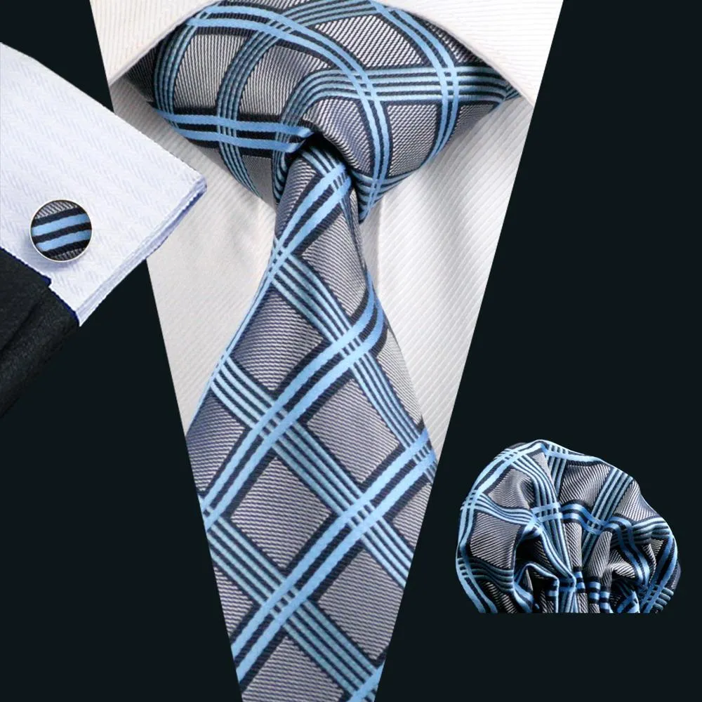 Hi-Tie Mens Grey Blue Plaid Silk Men's Tie Pocket Square Cufflinks Set