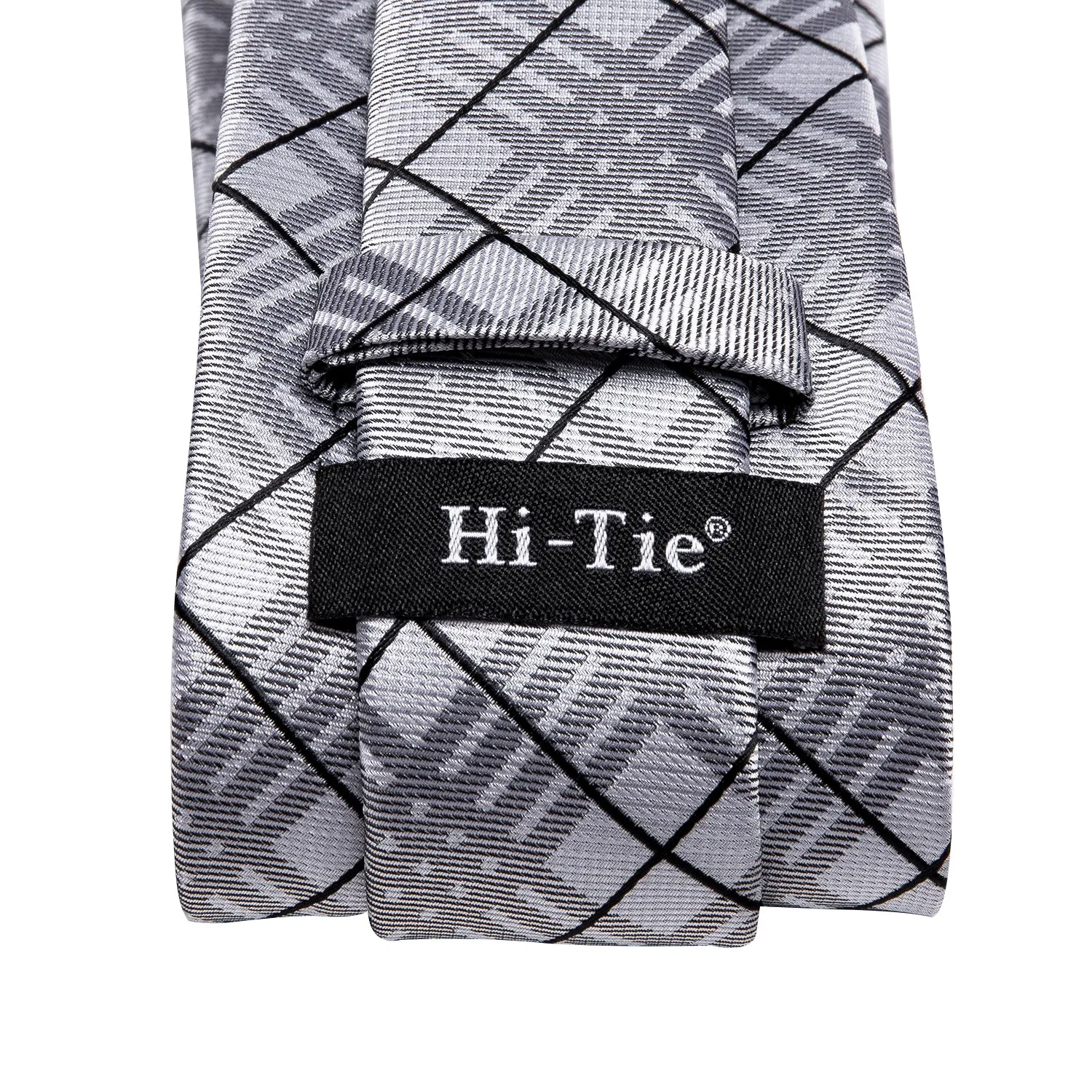 Hi-Tie Mens Light Grey Tie Black Plaid Tie Pocket Square Cufflinks Set