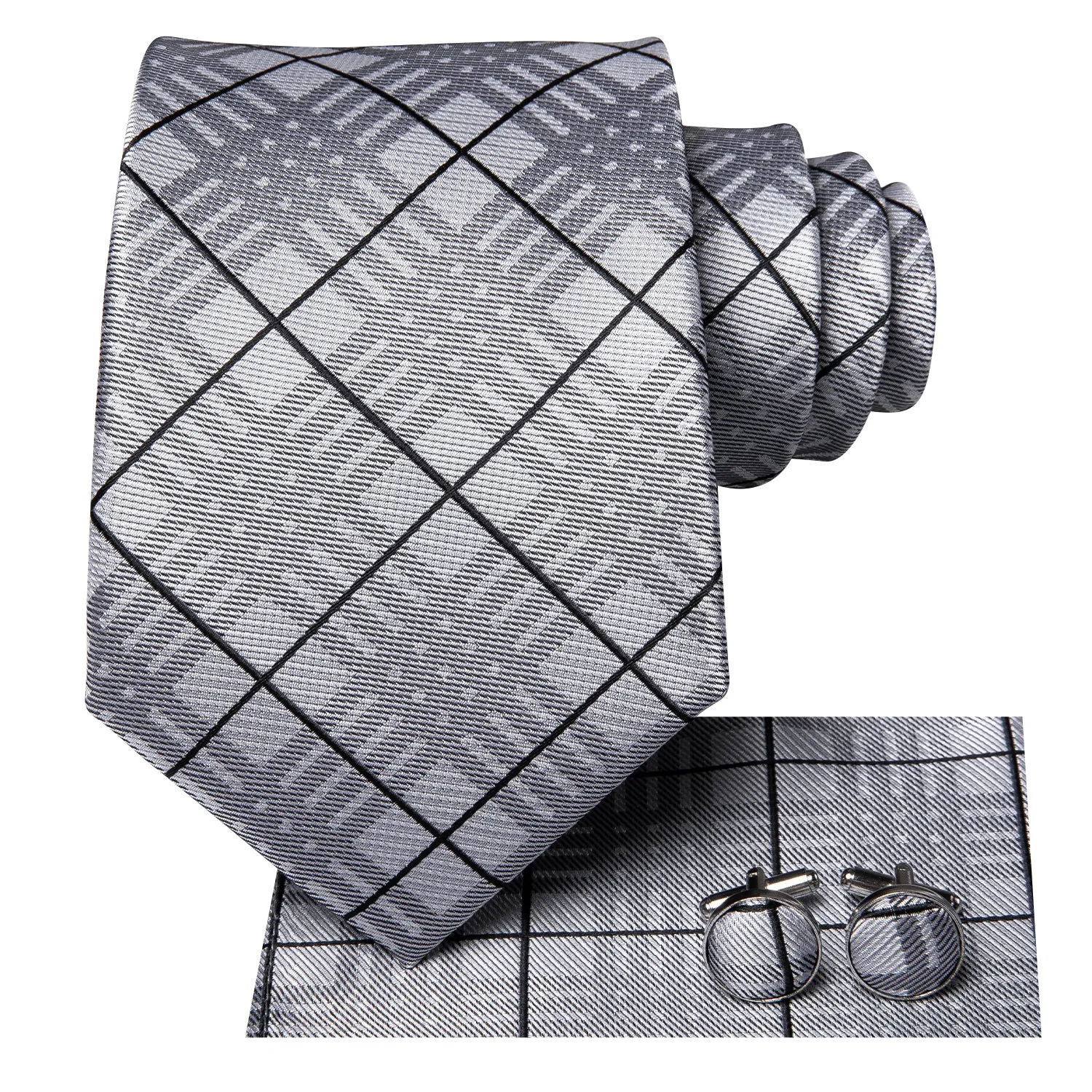 Hi-Tie Mens Light Grey Tie Black Plaid Tie Pocket Square Cufflinks Set