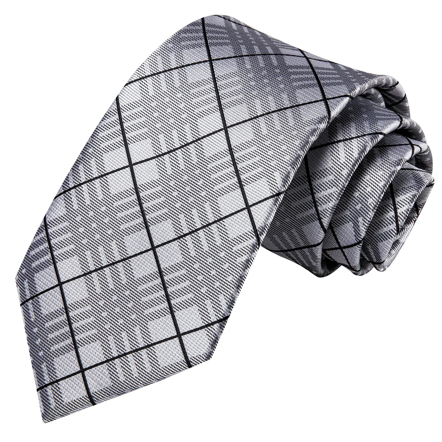 Hi-Tie Mens Light Grey Tie Black Plaid Tie Pocket Square Cufflinks Set