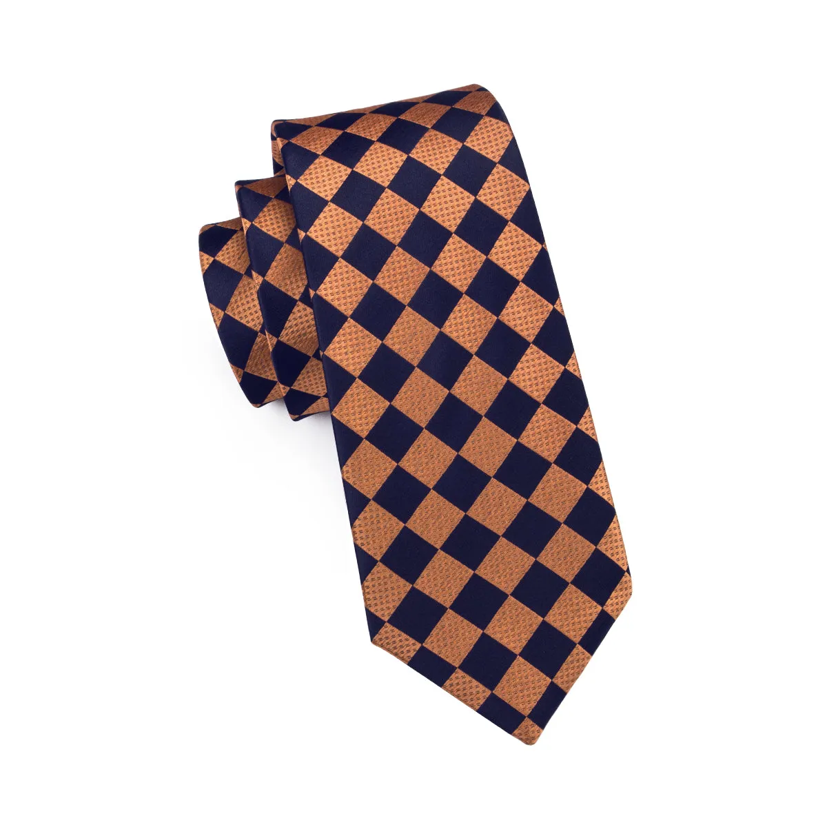 Hi-Tie Mens Orange Black Checkered Necktie Pocket Square Cufflinks Set