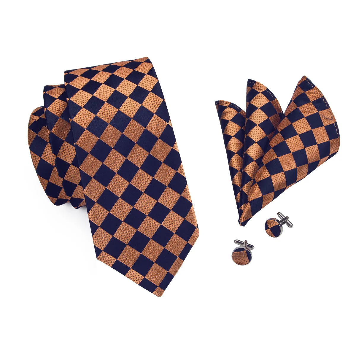 Hi-Tie Mens Orange Black Checkered Necktie Pocket Square Cufflinks Set