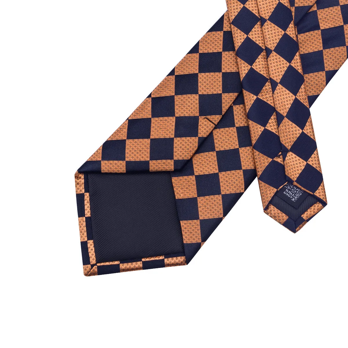 Hi-Tie Mens Orange Black Checkered Necktie Pocket Square Cufflinks Set