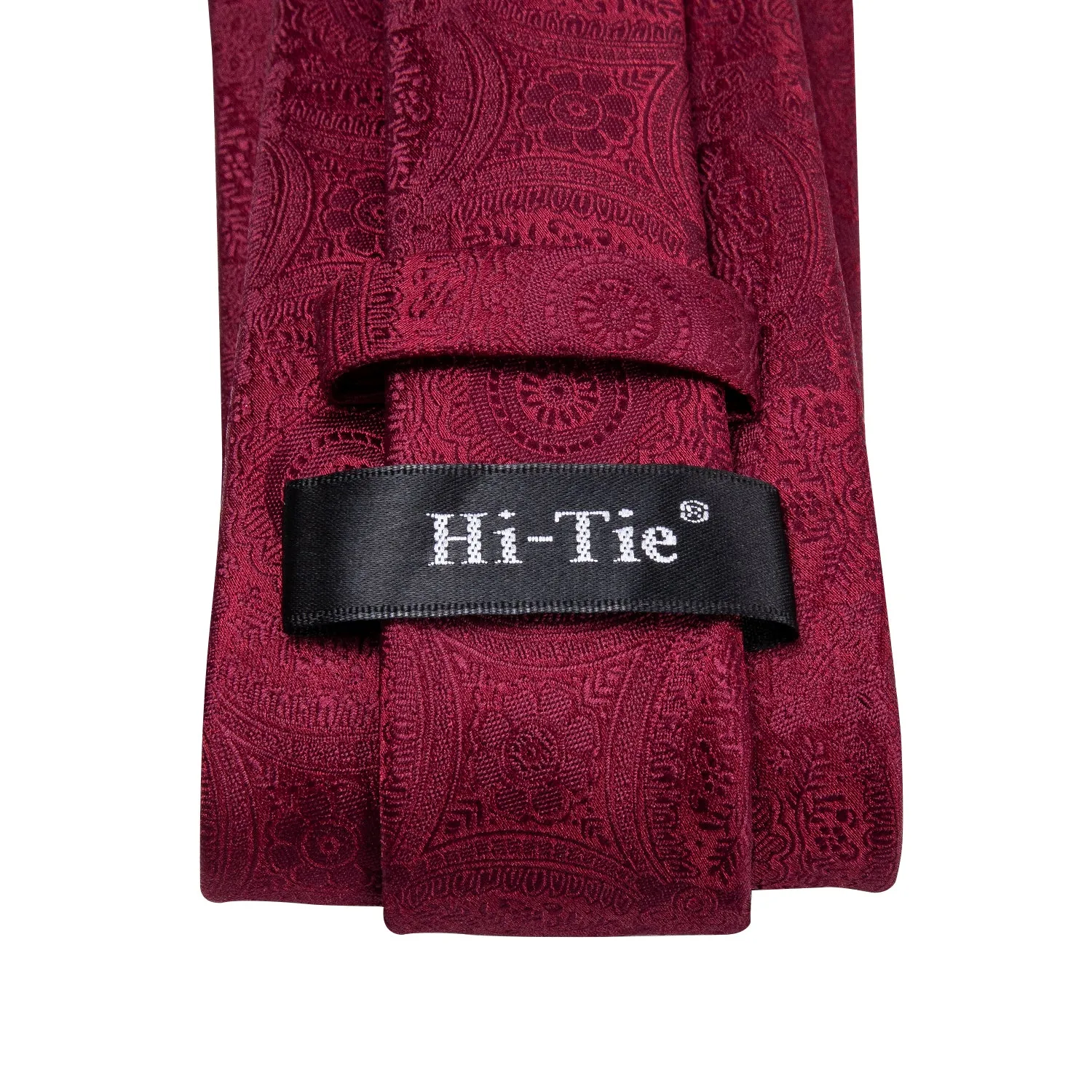 Hi-Tie Men's Solid Wine Red Floral Necktie Pocket Square Cufflinks Set