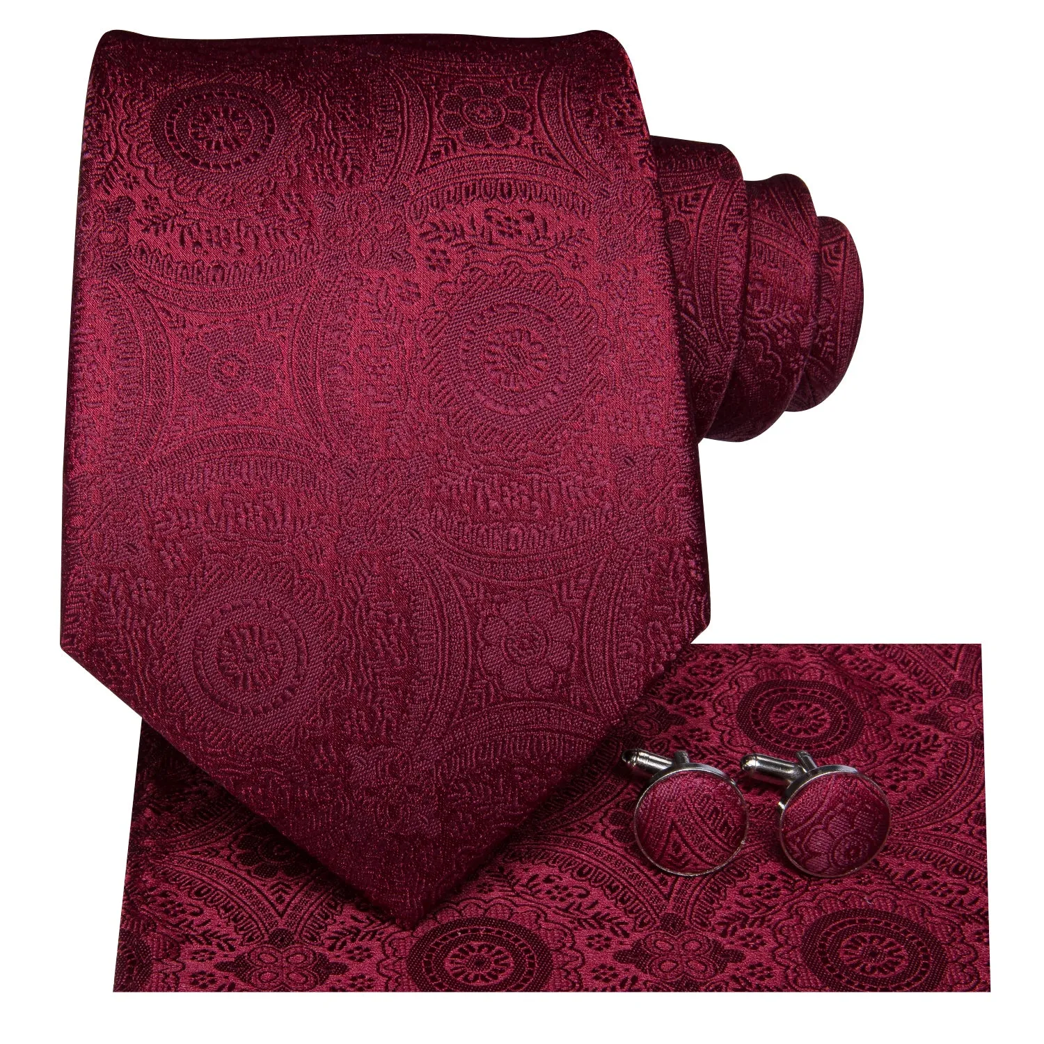 Hi-Tie Men's Solid Wine Red Floral Necktie Pocket Square Cufflinks Set