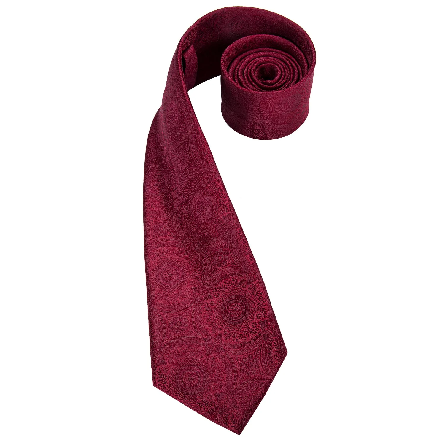 Hi-Tie Men's Solid Wine Red Floral Necktie Pocket Square Cufflinks Set