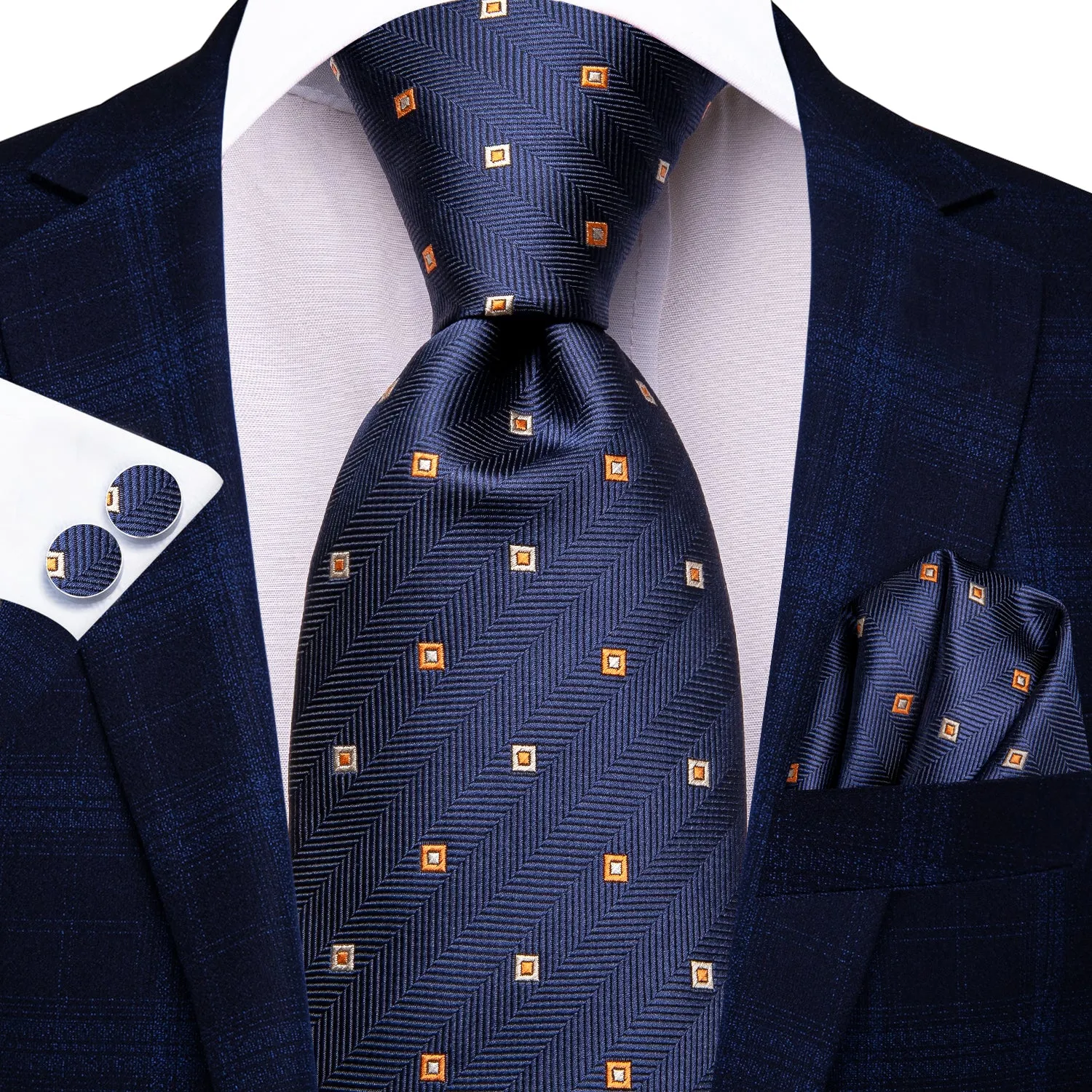 Hi-Tie Navy Blue Navy Blue Novelty Men Tie Pocket Square Cufflinks Set