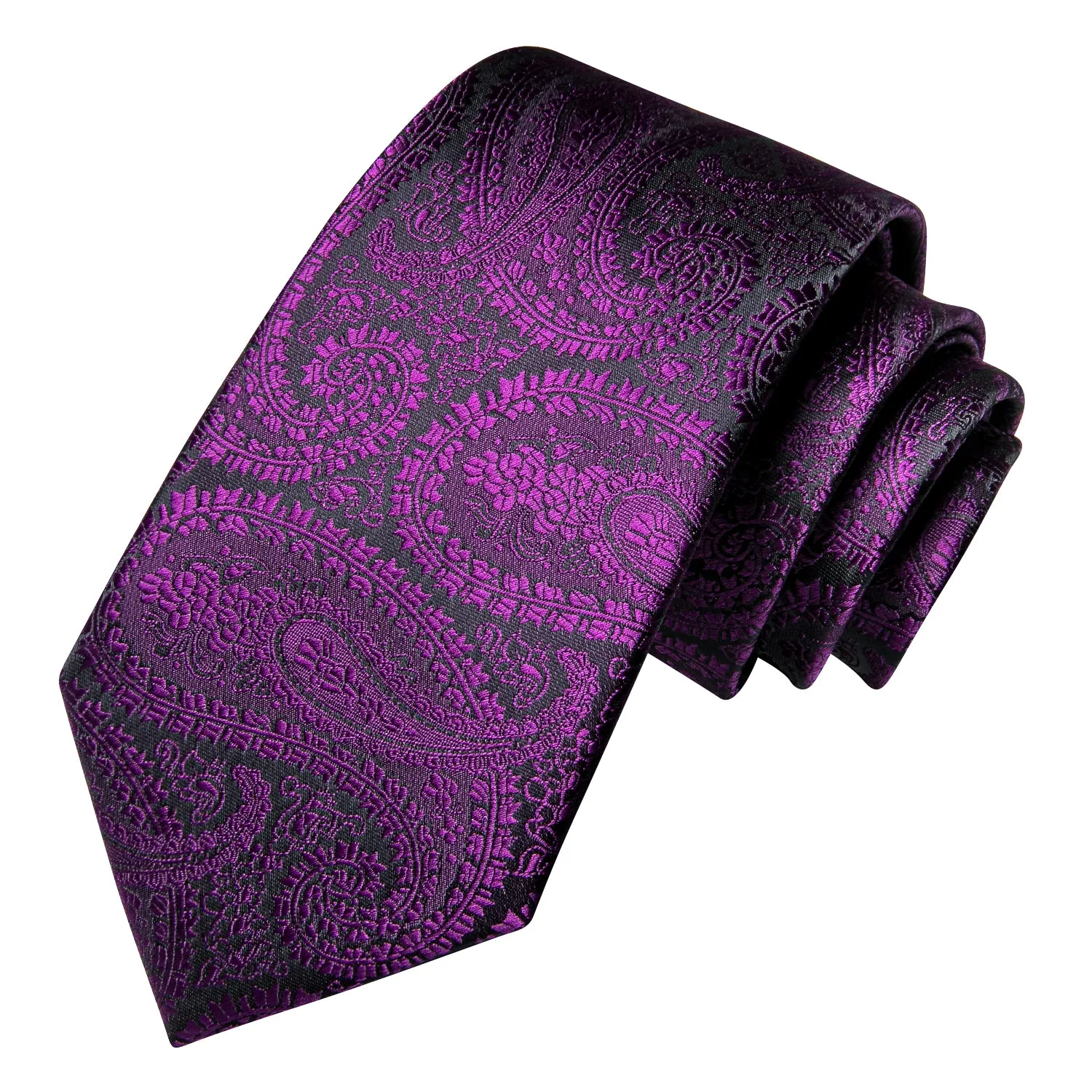 Hi-Tie Necktie Deep Purple Paisley Silk Tie Pocket Square Cufflink Set