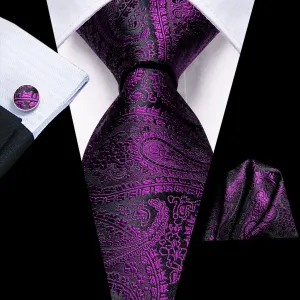 Hi-Tie Necktie Deep Purple Paisley Silk Tie Pocket Square Cufflink Set