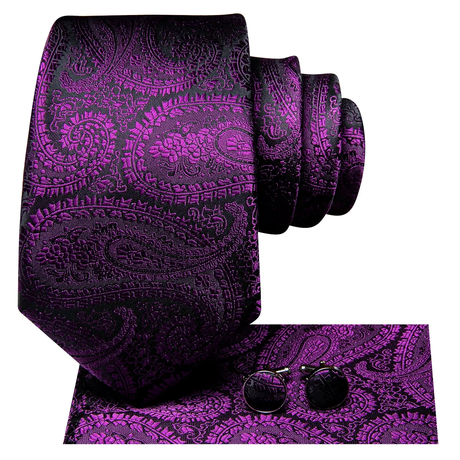 Hi-Tie Necktie Deep Purple Paisley Silk Tie Pocket Square Cufflink Set