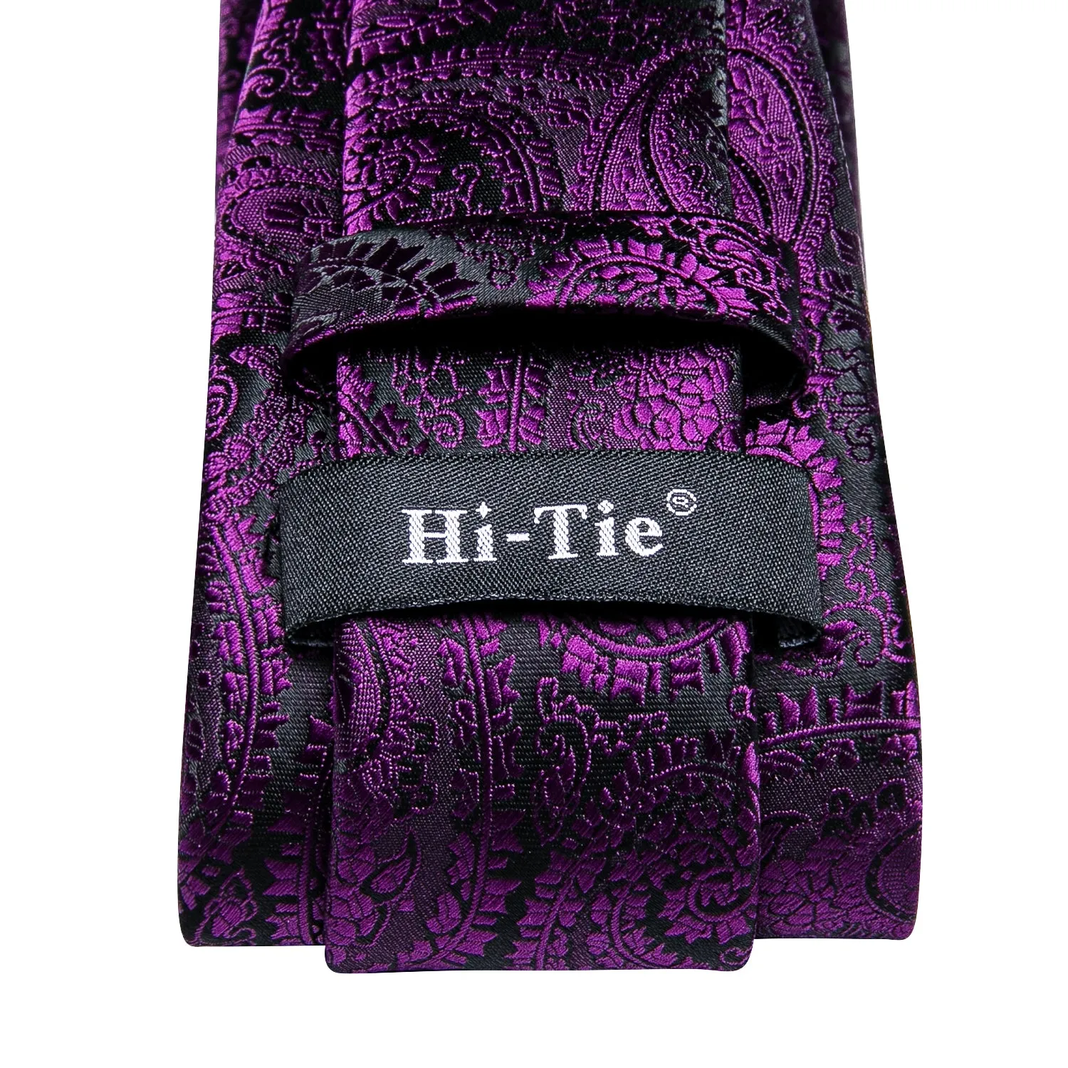 Hi-Tie Necktie Deep Purple Paisley Silk Tie Pocket Square Cufflink Set