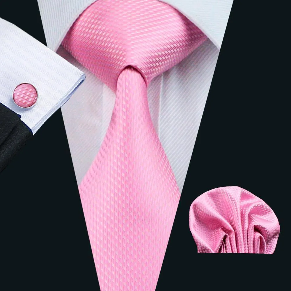 Hi-Tie Pink Solid Silk Jacquard Men's Tie Pocket Square Cufflinks Set