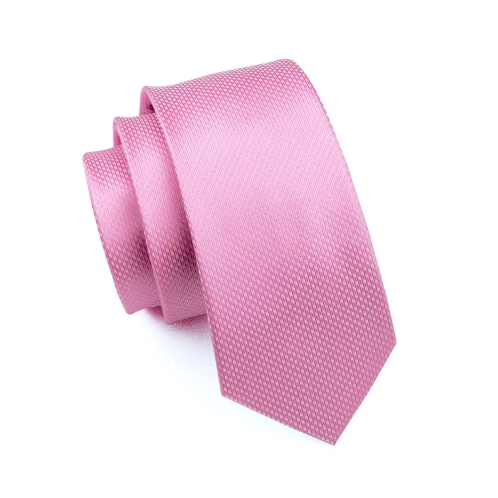 Hi-Tie Pink Solid Silk Jacquard Men's Tie Pocket Square Cufflinks Set