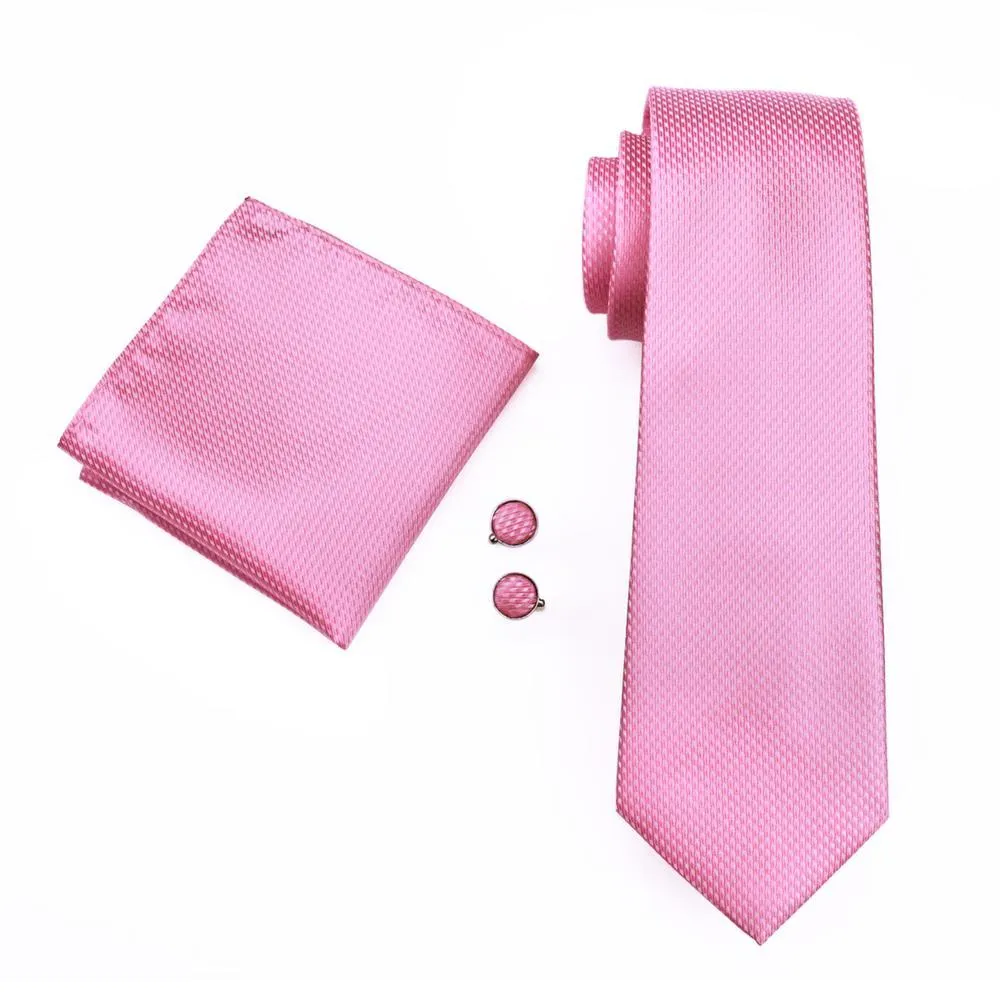 Hi-Tie Pink Solid Silk Jacquard Men's Tie Pocket Square Cufflinks Set