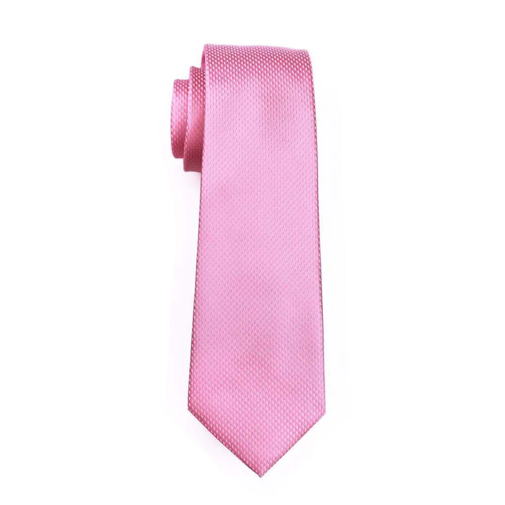 Hi-Tie Pink Solid Silk Jacquard Men's Tie Pocket Square Cufflinks Set