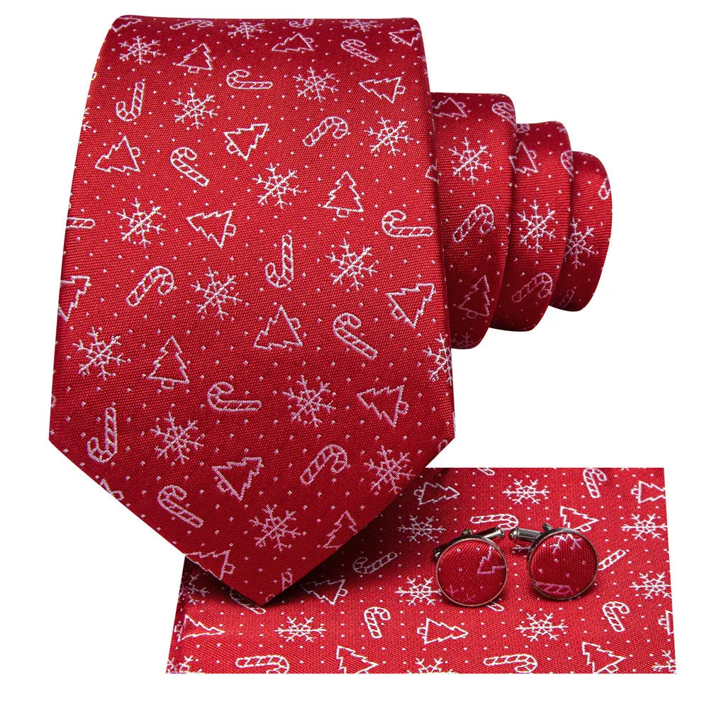 Hi-Tie Red Christmas Snow Designer Tie Pocket Square Cufflinks Set