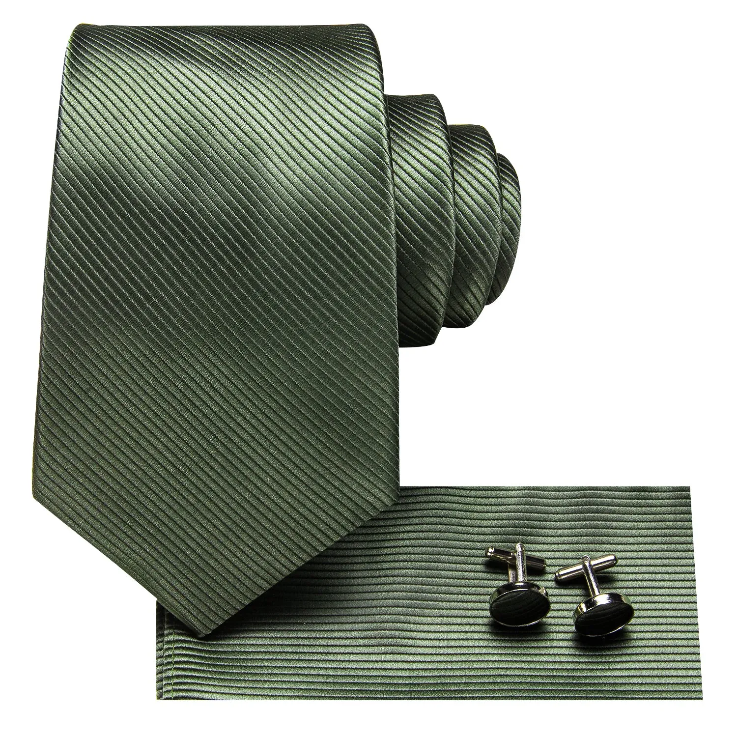 Hi-Tie Sage Green Necktie Solid Silk Tie Pocket Square Cufflinks Set