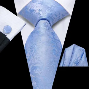 Hi-Tie Sky Blue Floral Silk Mens Tie Handkerchief Cufflinks Set