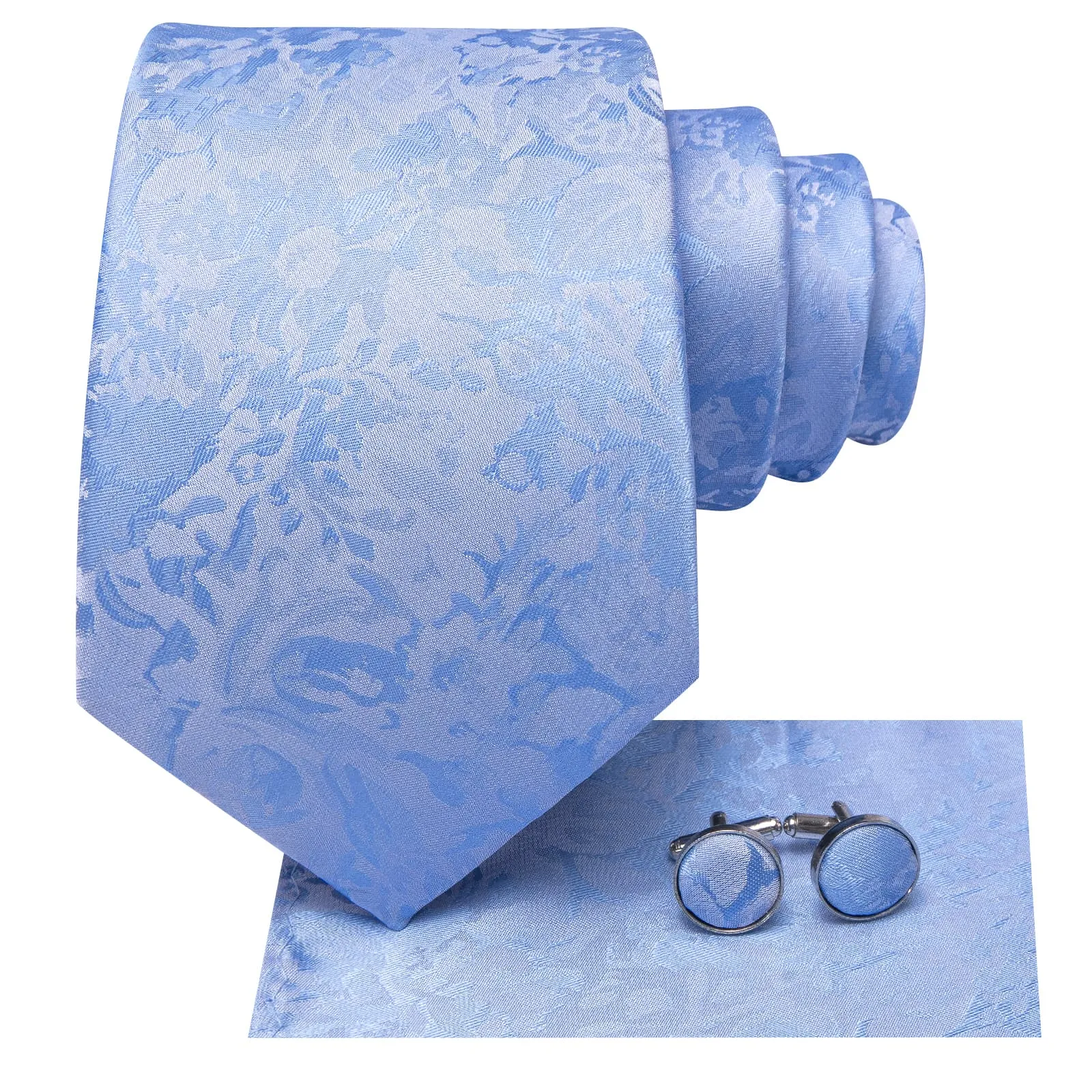 Hi-Tie Sky Blue Floral Silk Mens Tie Handkerchief Cufflinks Set