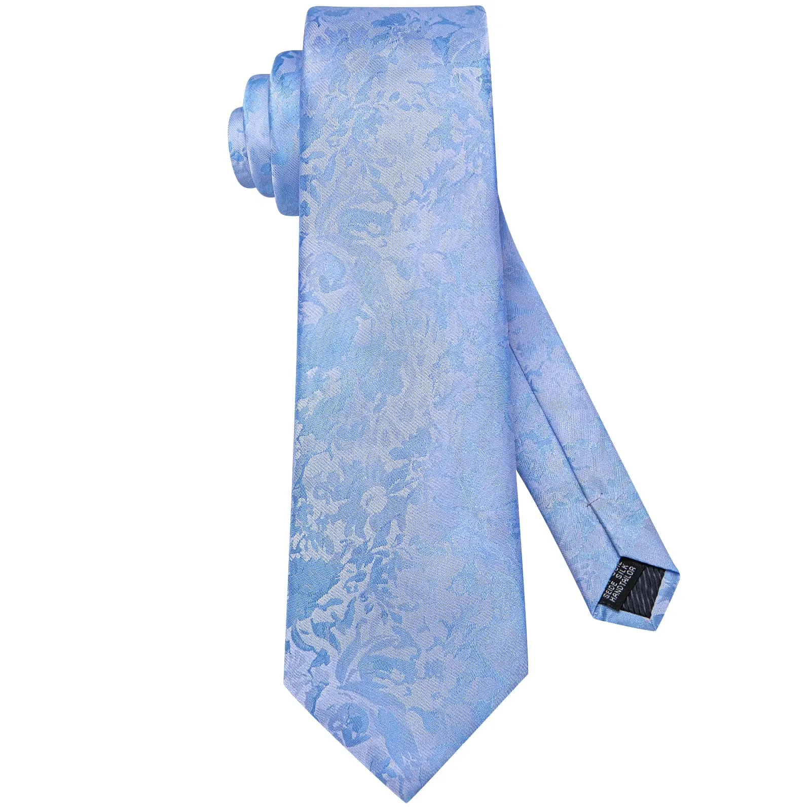 Hi-Tie Sky Blue Floral Silk Mens Tie Handkerchief Cufflinks Set