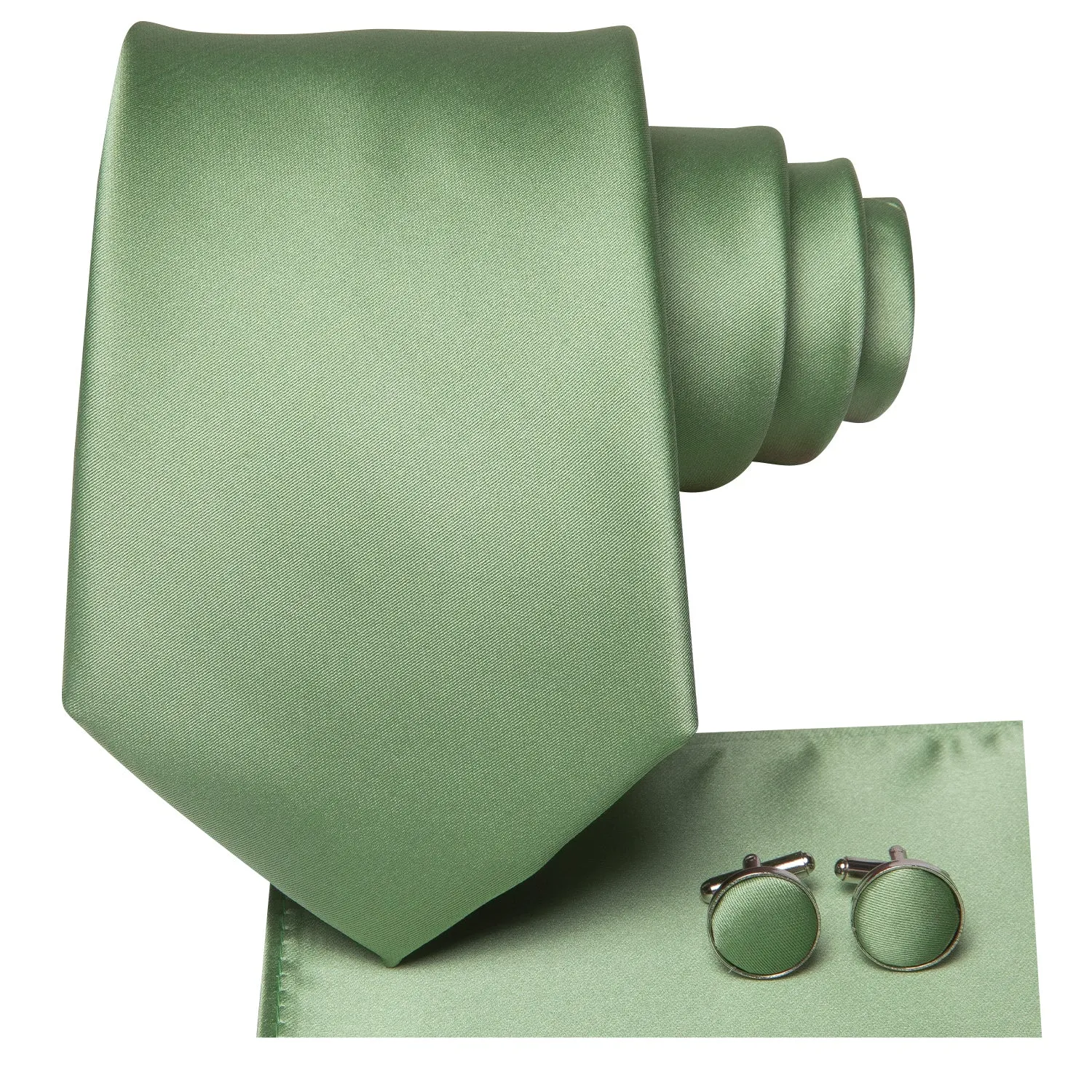 Hi-Tie Tea Green Men's Necktie Solid Tie Pocket Square Cufflinks Set