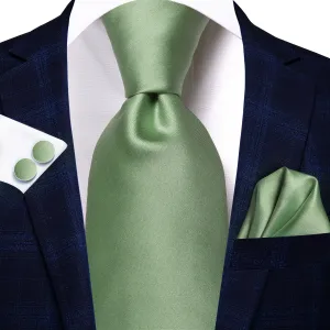 Hi-Tie Tea Green Men's Necktie Solid Tie Pocket Square Cufflinks Set