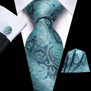 Hi-Tie Teal Turquoise Blue Paisley Necktie Pocket Square Cufflinks Set