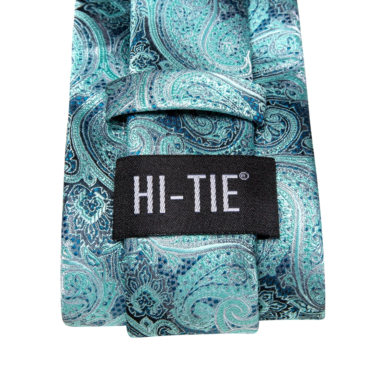 Hi-Tie Teal Turquoise Blue Paisley Necktie Pocket Square Cufflinks Set