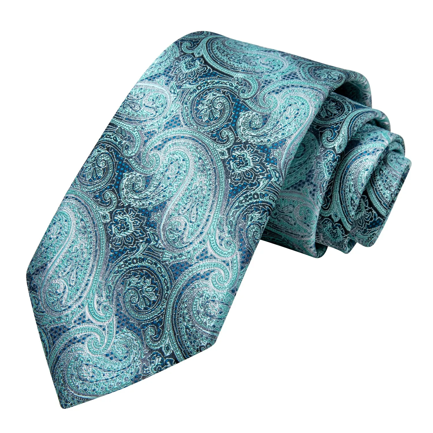 Hi-Tie Teal Turquoise Blue Paisley Necktie Pocket Square Cufflinks Set