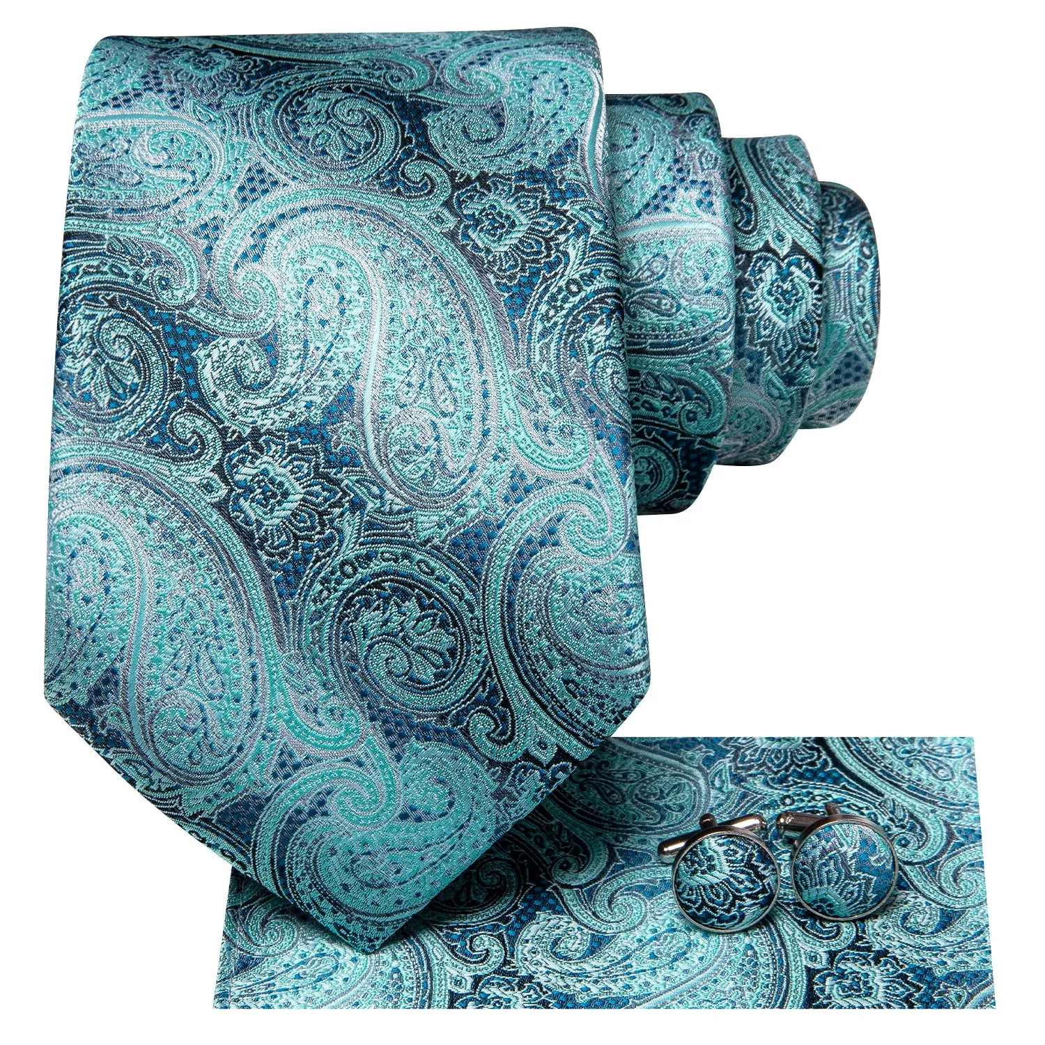 Hi-Tie Teal Turquoise Blue Paisley Necktie Pocket Square Cufflinks Set