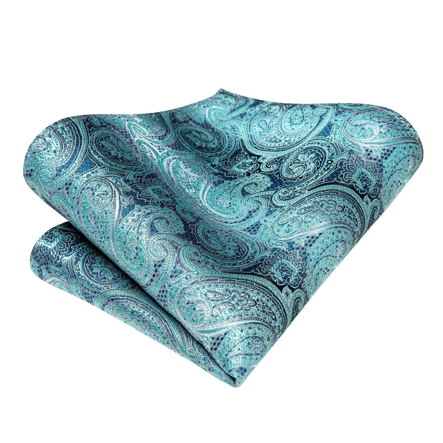 Hi-Tie Teal Turquoise Blue Paisley Necktie Pocket Square Cufflinks Set