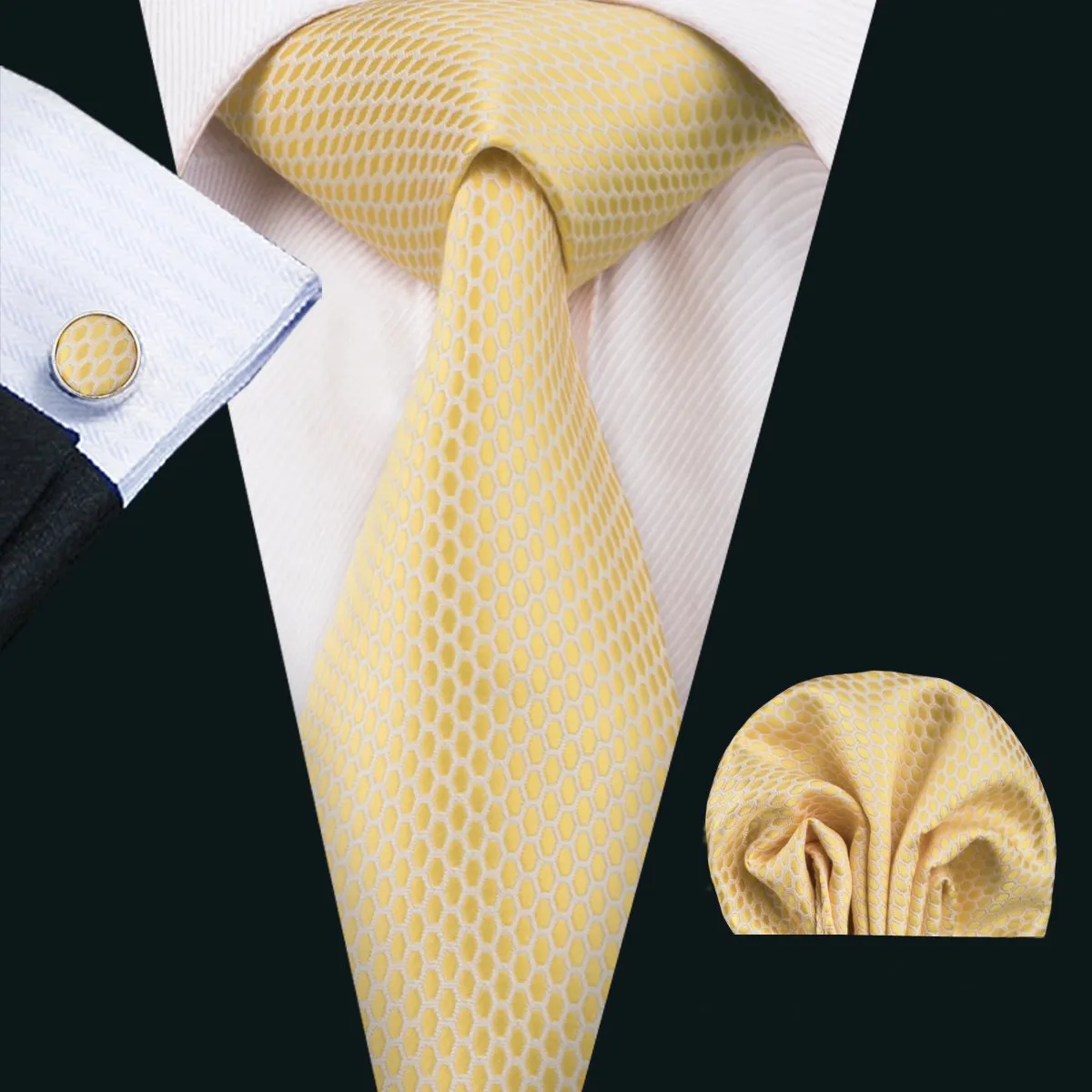 Hi-Tie Yellow-White Plaid Silk 63" Extra Long Tie Hanky Cufflinks Set